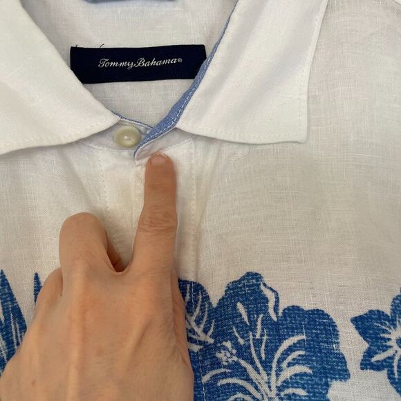 Tommy Bahama Linen Hawaiian White Button Down Short Sleeve Shirt Blue Floral XL - Picture 5 of 14